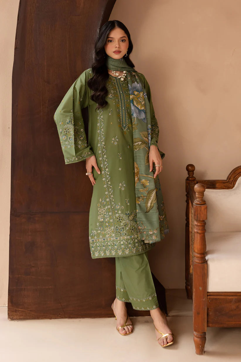 RARE-3PC LAWN EMBROIDERED SHIRT WITH MONARK PRINT DUPATTA AND EMB TROUSER-3700