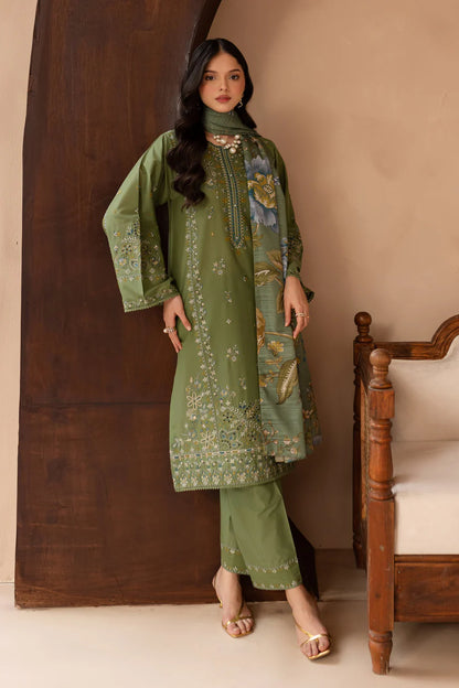 RARE-3PC LAWN EMBROIDERED SHIRT WITH MONARK PRINT DUPATTA AND EMB TROUSER-3700