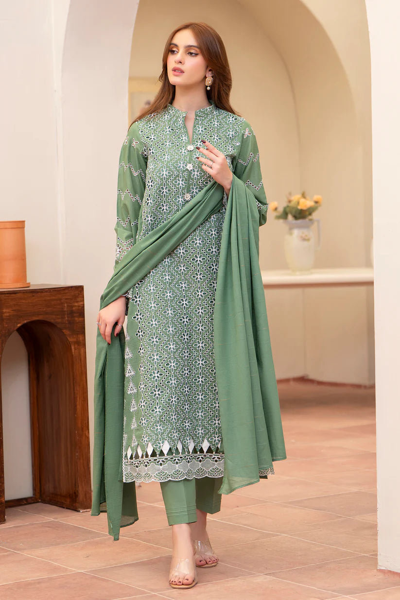 RARE-3PC LAWN CHIKENKARI EMBROIDERED SHIRT WITH LAWN TUBE SLUB DUPATTA-
