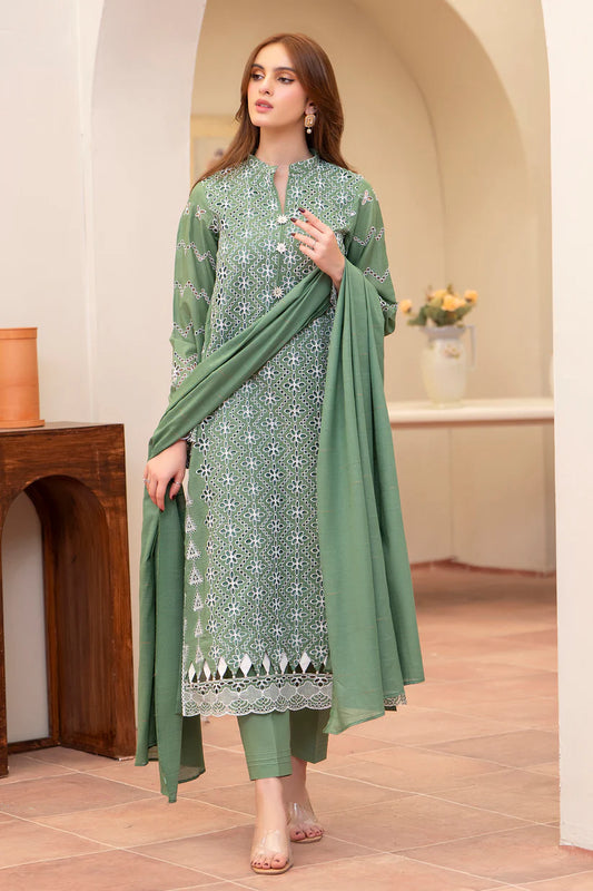 RARE-3PC LAWN CHIKENKARI EMBROIDERED SHIRT WITH LAWN TUBE SLUB DUPATTA-