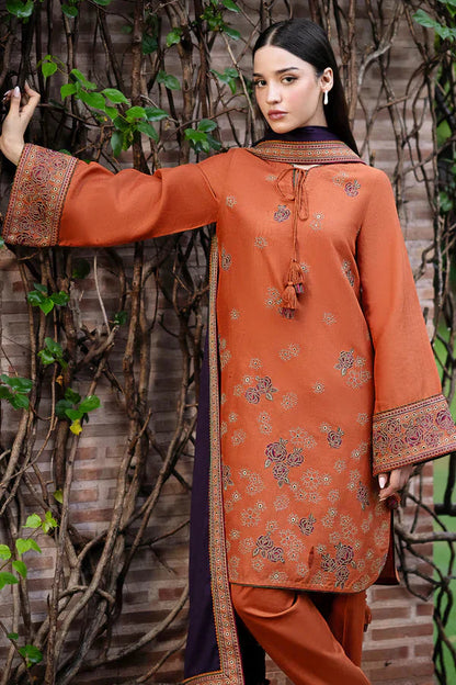 RARE- 3PC DHANAK EMBROIDERED SHIRT WITH WOOL PRINT SHAWL AND TROUSER-3293