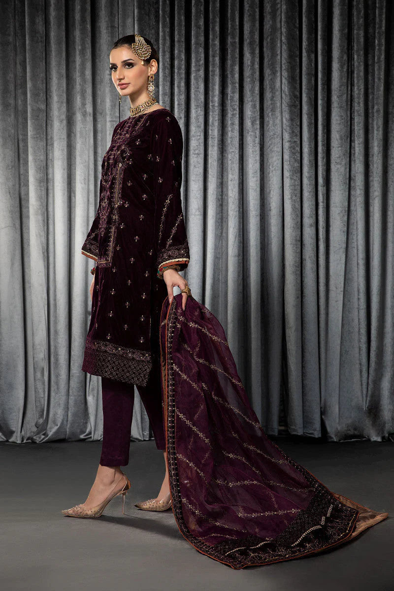 RARE-VELVET 3PC- EMBROIDERED WORK SHIRT WITH ORGANZA HEAVY EMBROIDERED DUPATTA -D-14- MICRO 9000 VELVET