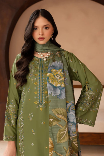 RARE-3PC LAWN EMBROIDERED SHIRT WITH MONARK PRINT DUPATTA AND EMB TROUSER-3700