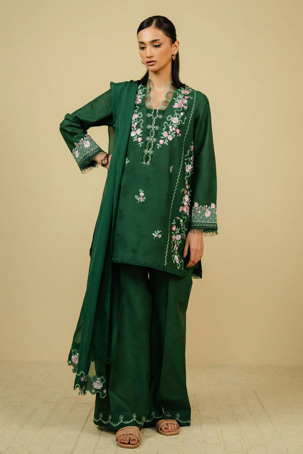 RARE-3PC DHANAK EMBROIDERED SHIRT WITH CHIFFON EMBROIDRED DUPATTA AND TROUSER-3267