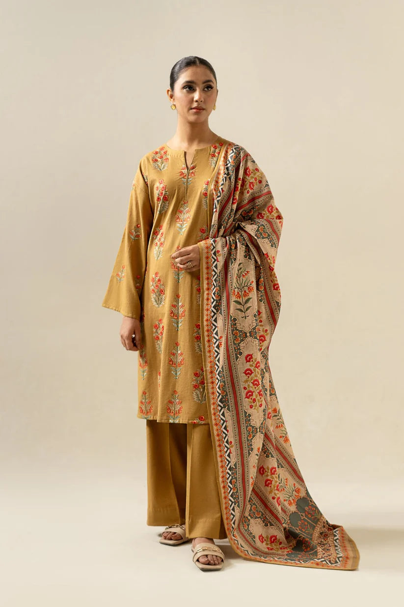 RARE 3PC Dhanak Embroidered Shirt With Dhanak Twil Print Wool Shawl & Trouser-3355