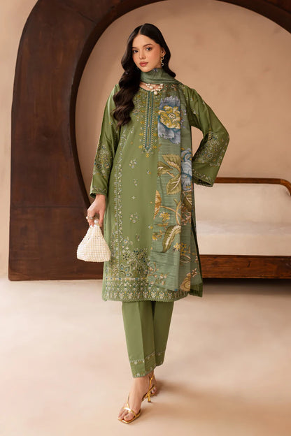 RARE-3PC LAWN EMBROIDERED SHIRT WITH MONARK PRINT DUPATTA AND EMB TROUSER-3700