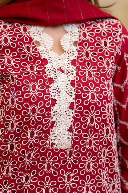 RARE-3PC LAWN CHIKENKARI EMBROIDERED SHIRT WITH LAWN TUBE SLUB DUPATTA-