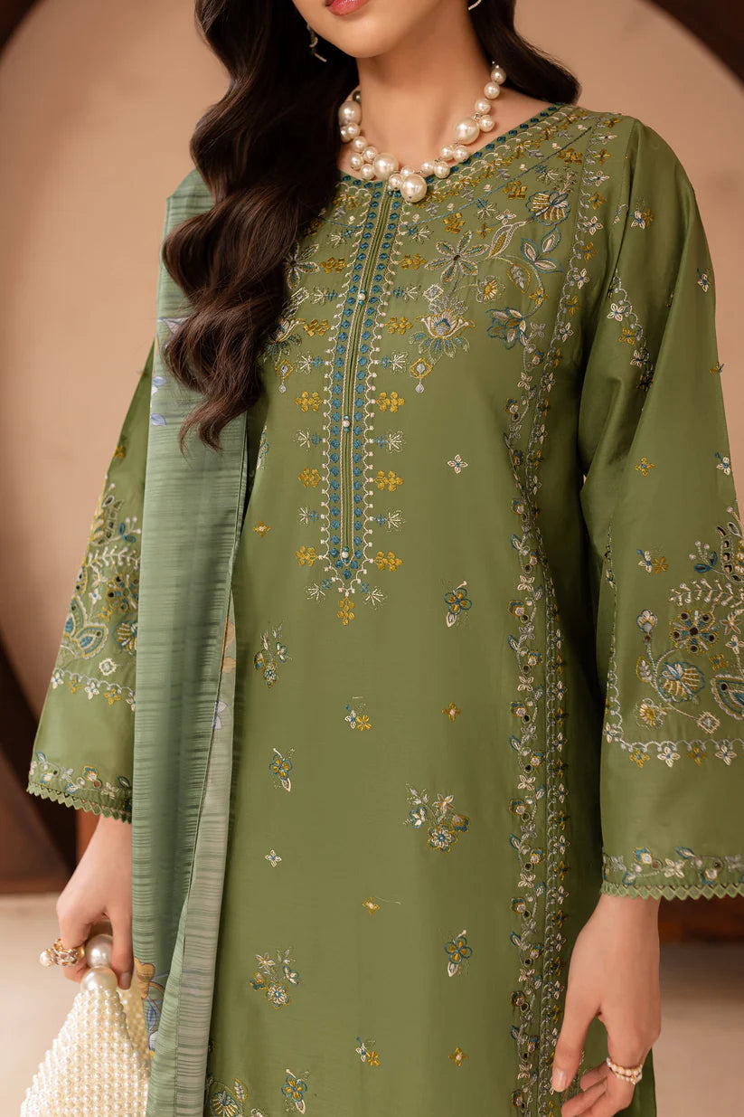 RARE-3PC LAWN EMBROIDERED SHIRT WITH MONARK PRINT DUPATTA AND EMB TROUSER-3700