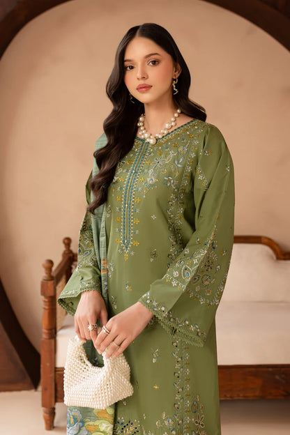 RARE-3PC LAWN EMBROIDERED SHIRT WITH MONARK PRINT DUPATTA AND EMB TROUSER-3700