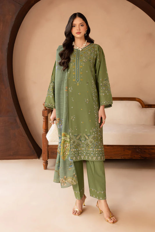 RARE-3PC LAWN EMBROIDERED SHIRT WITH MONARK PRINT DUPATTA AND EMB TROUSER-3700