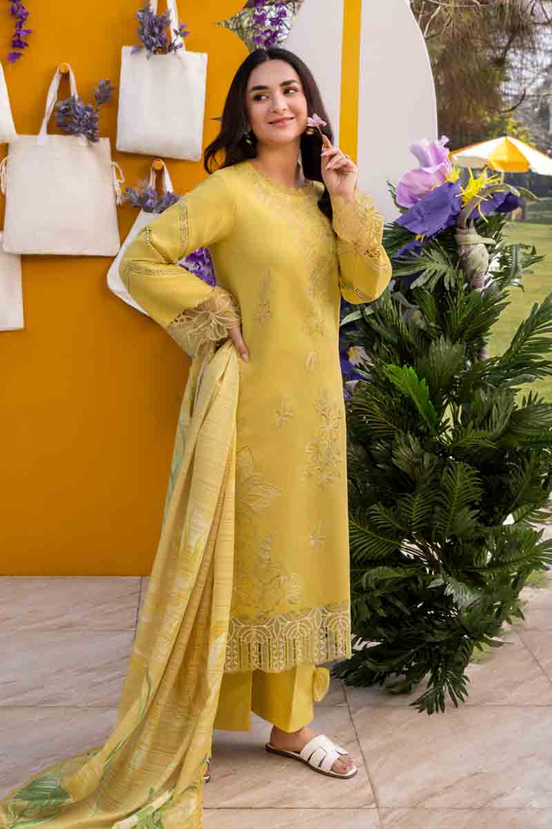RARE-3PC LAWN EMBROIDERED SHIRT WITH MONARK PRINT DUPATTA AND TROUSER-3701