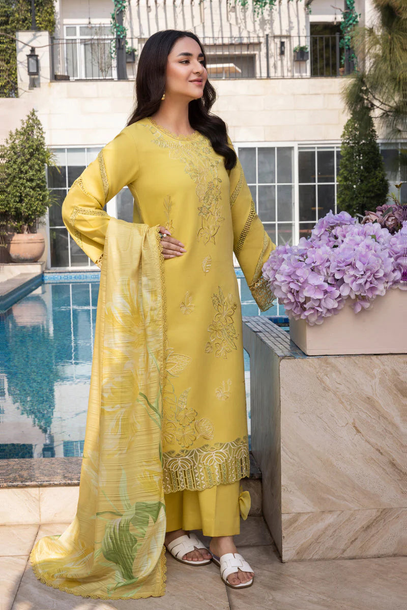 RARE-3PC LAWN EMBROIDERED SHIRT WITH MONARK PRINT DUPATTA AND TROUSER-3701
