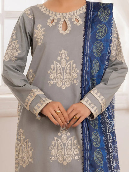 RARE-3PC LAWN EMBROIDERED SHIRT WITH MONARK PRINTED DUPATTA AND TROUSER-3741