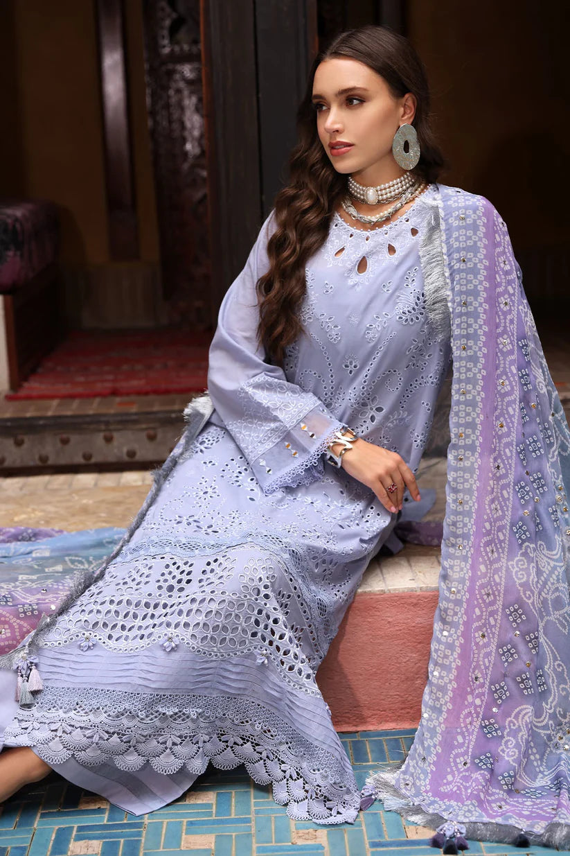 RARE-3PC LAWN CHIKANKARI EMBROIDERED SHIRT WITH MONARK PRINTED DUPATTA AND EMB TRPUSER-3709