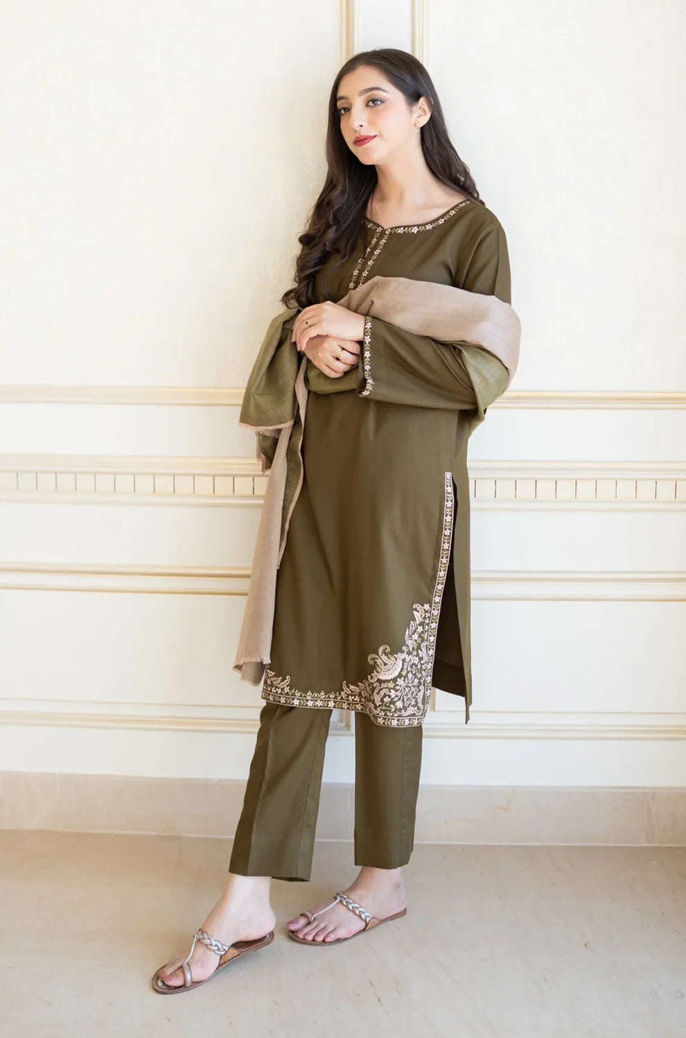 RARE AISLING - 3PC DHANAK EMBROIDERED SHIRT WITH COUTURE SHAWAL AND TROUSER-3172