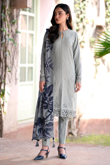 RARE-3PC LAWN EMBROIDRED SHIRT WITH MONARK PRINT DUPATTA AND TROUSER-3593