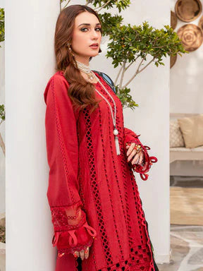 RARE- 3PC CHIKENKARI LAWN EMBROIDERED WITH MONARK PRINT DUPATTA -RED
