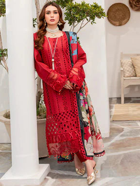 RARE- 3PC CHIKENKARI LAWN EMBROIDERED WITH MONARK PRINT DUPATTA -RED