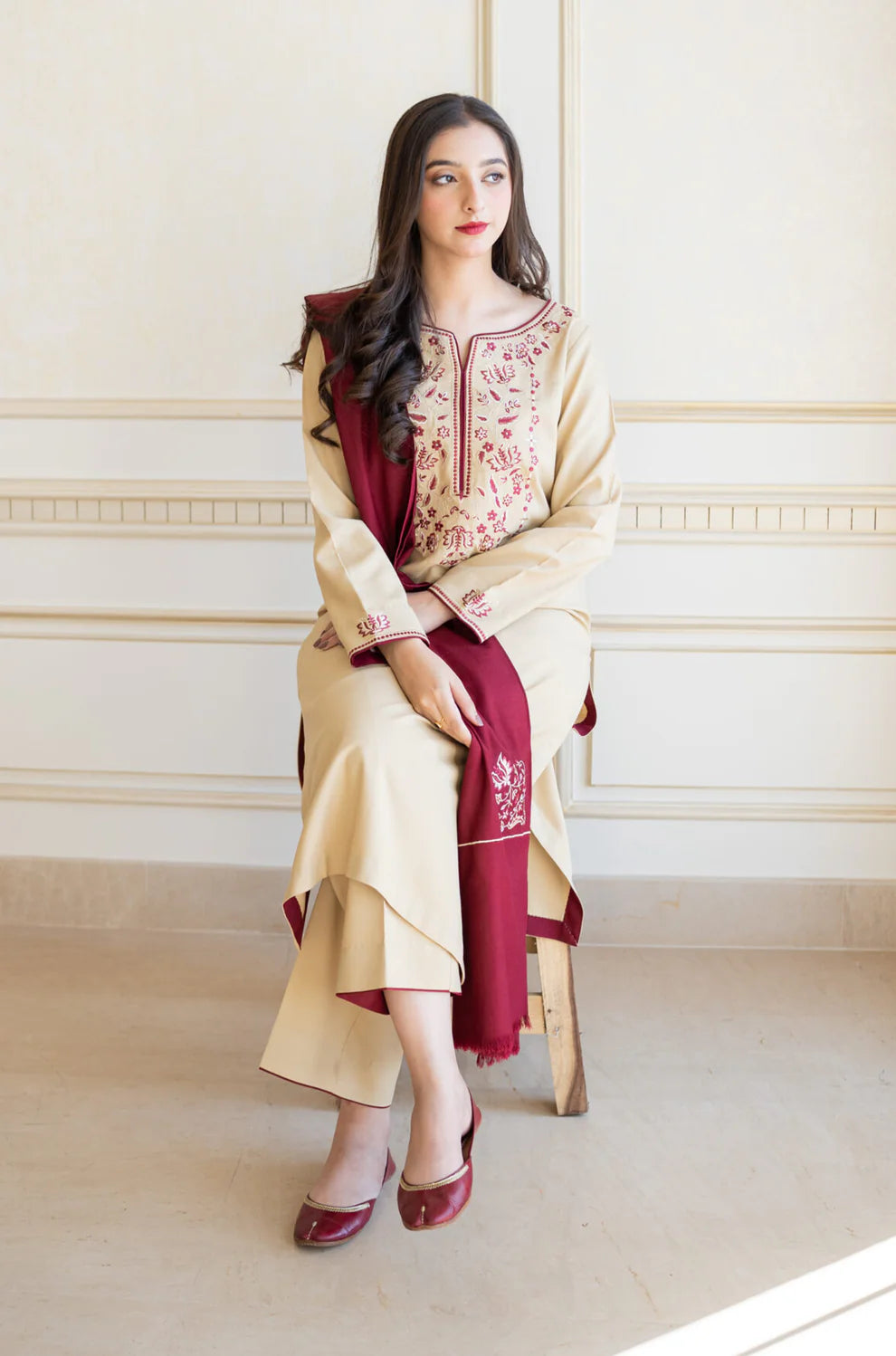 RARE AISLING - 3PC DHANAK EMBROIDERED SHIRT WITH EMBROIDERED DHANAK SHAWL AND TROUSER-3131