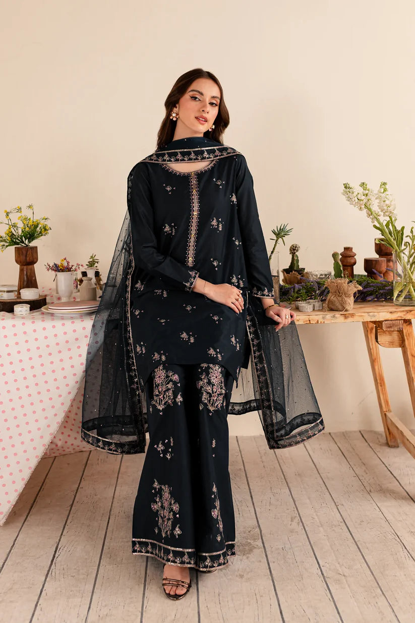 RARE 3PC DHANAK EMBROIDERED SHIRT DHANAK EMBROIDERED DUPATTA AND TROUSER-3289- BLACK