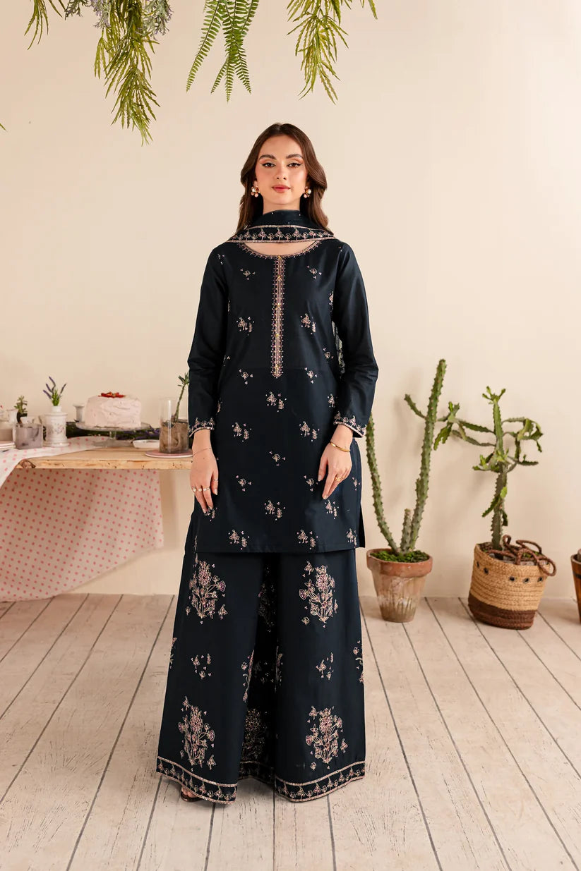 RARE 3PC DHANAK EMBROIDERED SHIRT DHANAK EMBROIDERED DUPATTA AND TROUSER-3289- BLACK