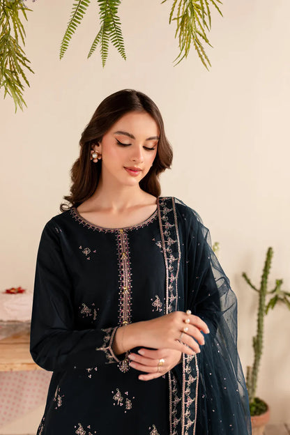 RARE 3PC DHANAK EMBROIDERED SHIRT DHANAK EMBROIDERED DUPATTA AND TROUSER-3289- BLACK