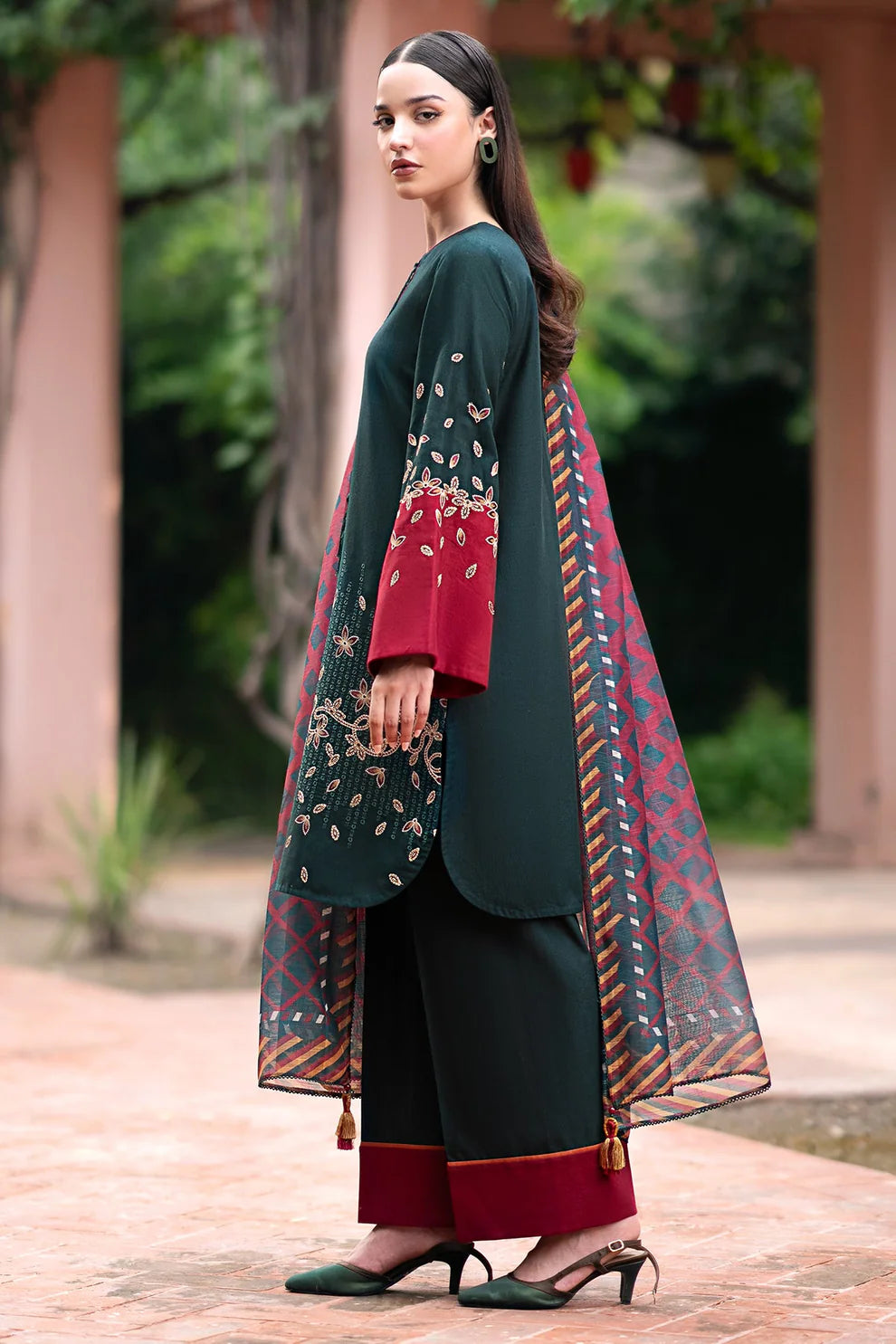 RARE-3PC DHANAK EMBROIDRED SHIRT WITH WOOL PRINT SHAWL AND TROUSER-3288