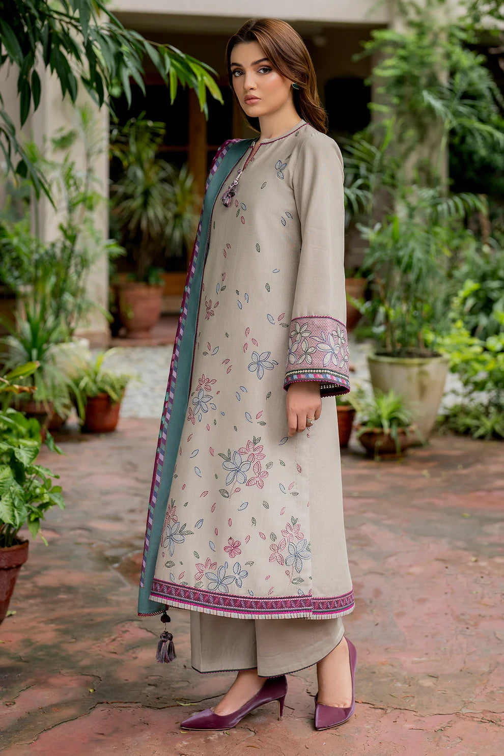 RARE-3PC DHANAK EMBROIDRED SHIRT WITH WOOL PRINT SHAWL AND TROUSER-3281