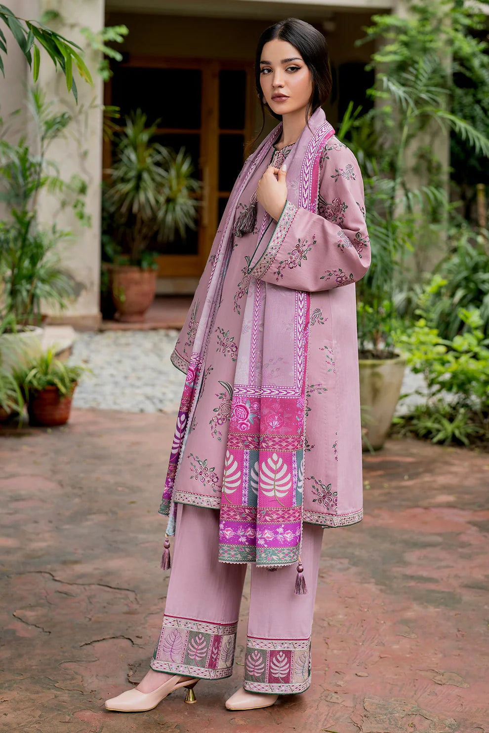 RARE-3PC DHANAK EMBROIDRED SHIRT WITH WOOL PRINT SHAWL AND TROUSER-3302