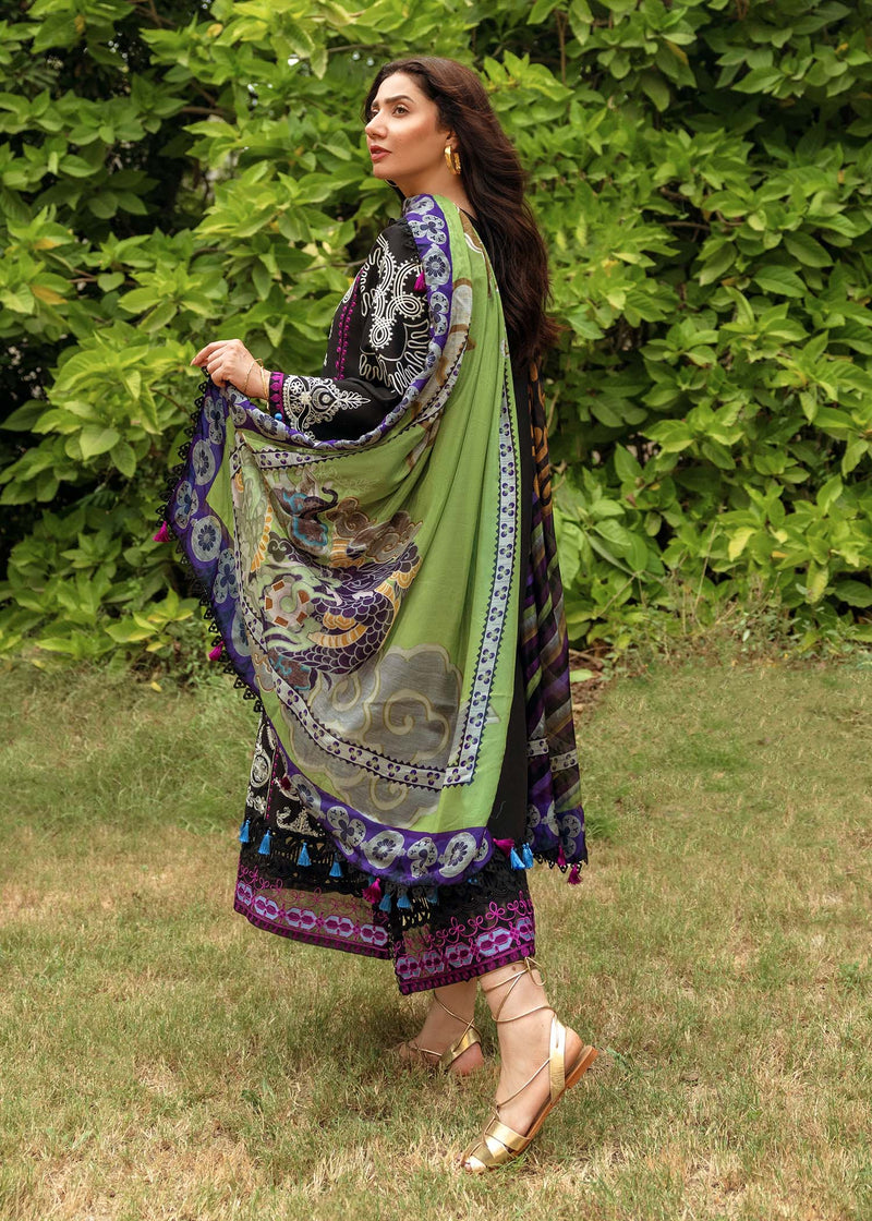 RARE-3PC LAWN EMBROIDERED SHIRT WITH MONARK PRINT DUPATTA AND LAWN TROUSER-ADR-3514