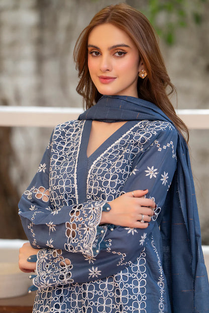 RARE-3PC LAWN CHIKENKARI EMBROIDERED SHIRT WITH LAWN TUBE SLUB DUPATTA-