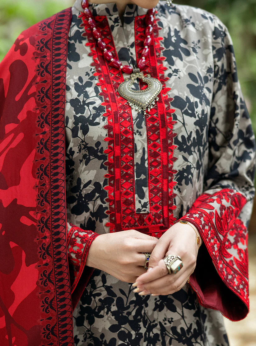 RARE-3PC LAWN EMBROIDERED PRINTED SHIRT WITH LAWN PRINT DUPATTA AND PRINT TROUSER-