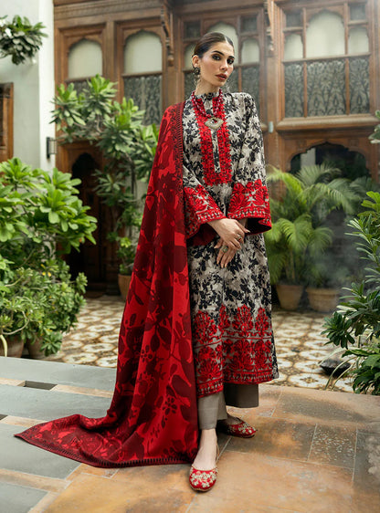 RARE-3PC LAWN EMBROIDERED PRINTED SHIRT WITH LAWN PRINT DUPATTA AND PRINT TROUSER-