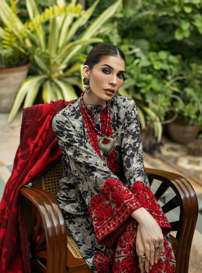 RARE-3PC LAWN EMBROIDERED PRINTED SHIRT WITH LAWN PRINT DUPATTA AND PRINT TROUSER-