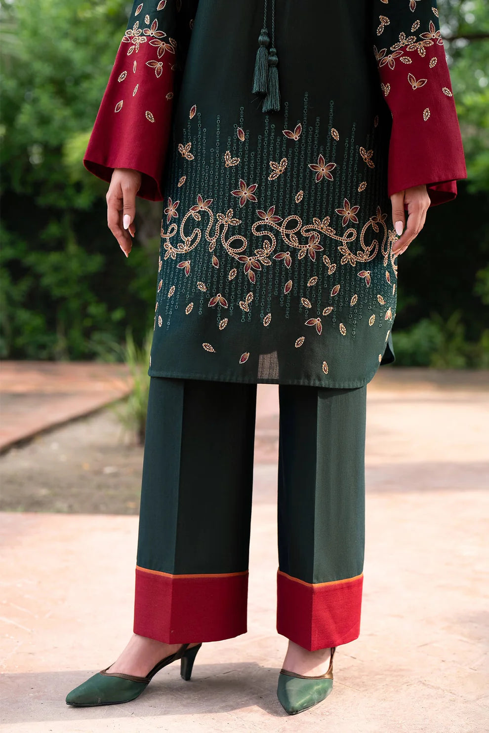 RARE-3PC DHANAK EMBROIDRED SHIRT WITH WOOL PRINT SHAWL AND TROUSER-3288