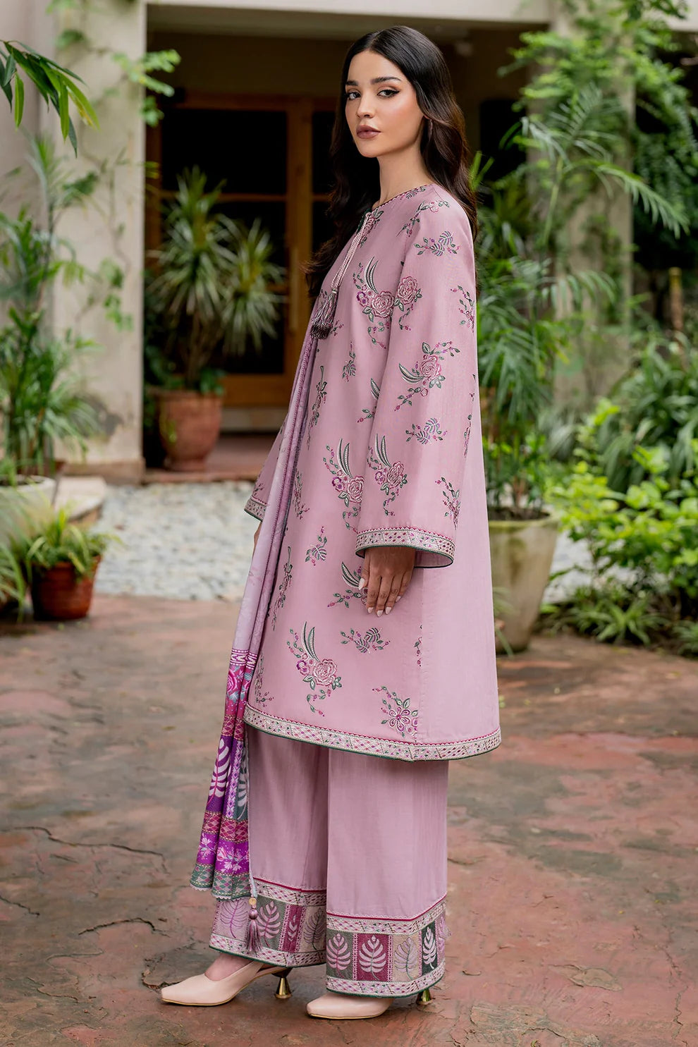 RARE-3PC DHANAK EMBROIDRED SHIRT WITH WOOL PRINT SHAWL AND TROUSER-3302