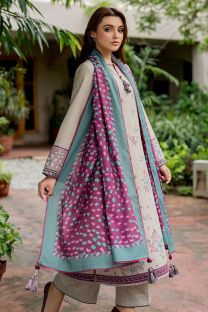 RARE-3PC DHANAK EMBROIDRED SHIRT WITH WOOL PRINT SHAWL AND TROUSER-3281