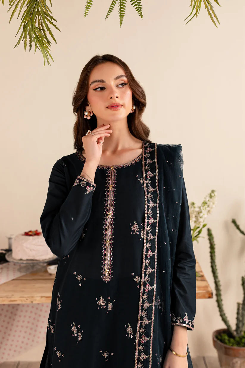 RARE 3PC DHANAK EMBROIDERED SHIRT DHANAK EMBROIDERED DUPATTA AND TROUSER-3289- BLACK