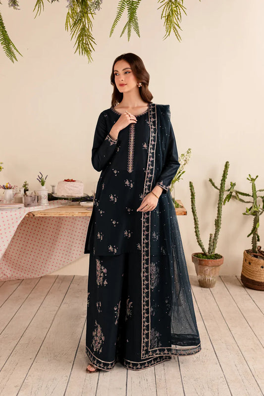 RARE 3PC DHANAK EMBROIDERED SHIRT DHANAK EMBROIDERED DUPATTA AND TROUSER-3289- BLACK