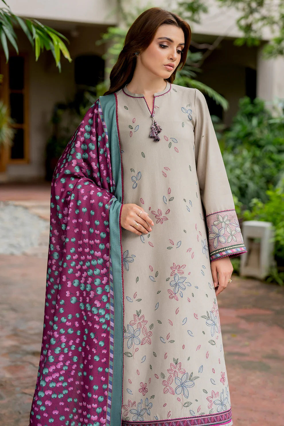 RARE-3PC DHANAK EMBROIDRED SHIRT WITH WOOL PRINT SHAWL AND TROUSER-3281