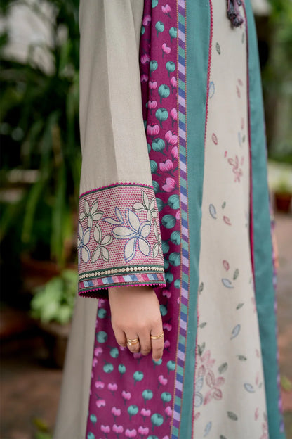 RARE-3PC DHANAK EMBROIDRED SHIRT WITH WOOL PRINT SHAWL AND TROUSER-3281