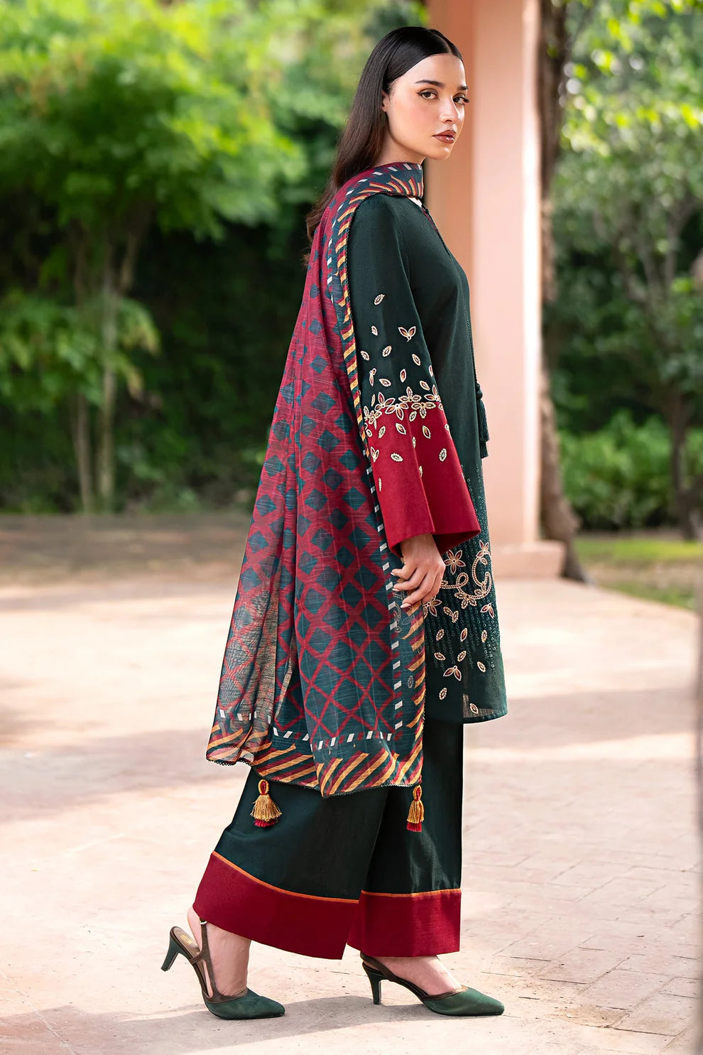 RARE-3PC DHANAK EMBROIDRED SHIRT WITH WOOL PRINT SHAWL AND TROUSER-3288