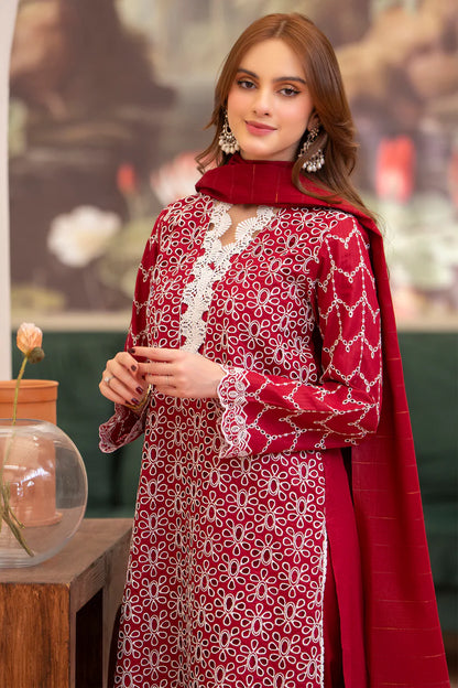 RARE-3PC LAWN CHIKENKARI EMBROIDERED SHIRT WITH LAWN TUBE SLUB DUPATTA-