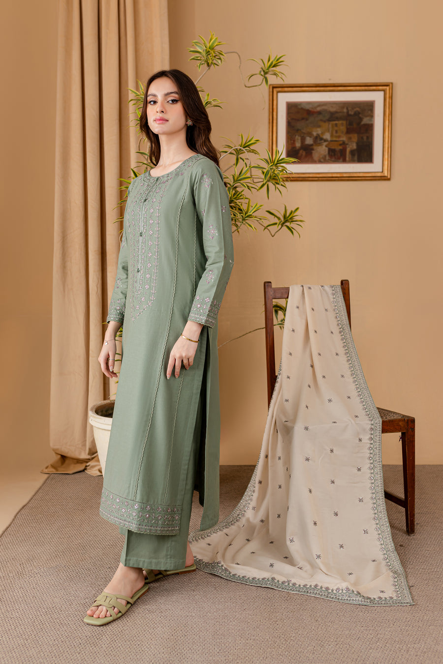 RARE - 3PC LAWN EMBROIDERED SHIRT WITH LAWN EMBROIDERED DUPATTA AND LAWN TROUSER-3501