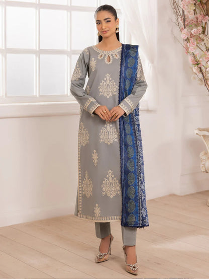 RARE-3PC LAWN EMBROIDERED SHIRT WITH MONARK PRINTED DUPATTA AND TROUSER-3741