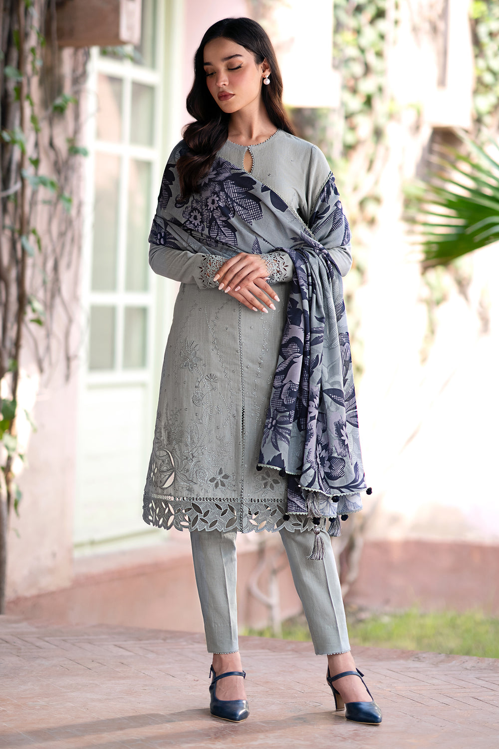 RARE-3PC LAWN EMBROIDRED SHIRT WITH MONARK PRINT DUPATTA AND TROUSER-3593