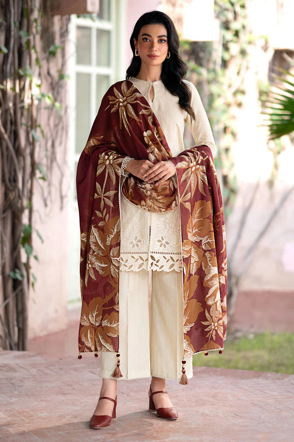 RARE- 3PC DHANAK EMBROIDERED SHIRT WITH WOOL PRINT SHAWL AND TROUSER-3320-B