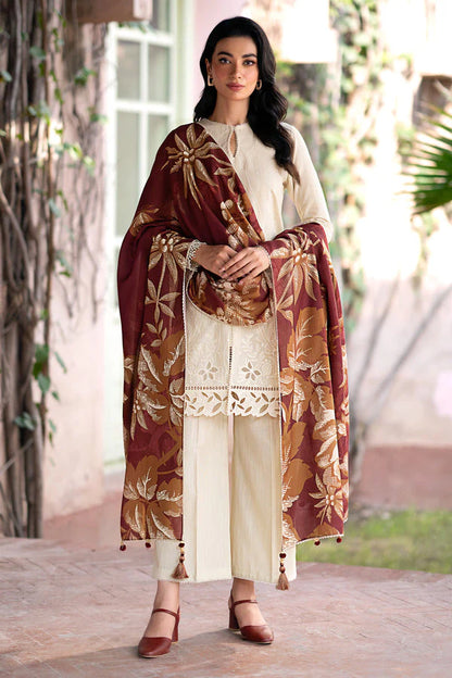 RARE- 3PC DHANAK EMBROIDERED SHIRT WITH WOOL PRINT SHAWL AND TROUSER-3320-B