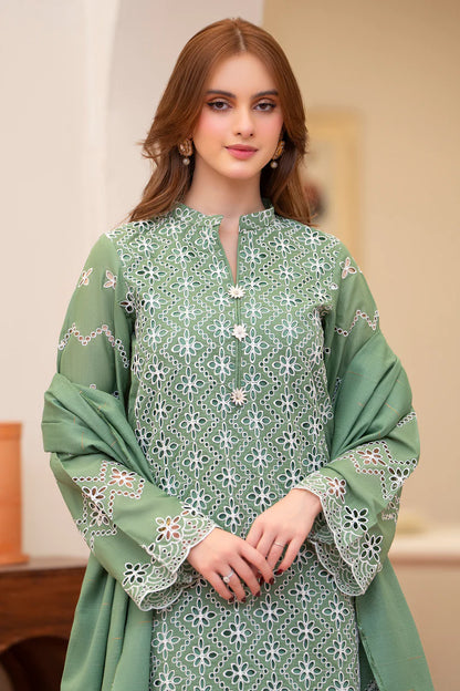 RARE-3PC LAWN CHIKENKARI EMBROIDERED SHIRT WITH LAWN TUBE SLUB DUPATTA-