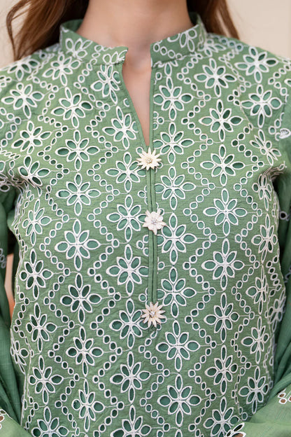 RARE-3PC LAWN CHIKENKARI EMBROIDERED SHIRT WITH LAWN TUBE SLUB DUPATTA-